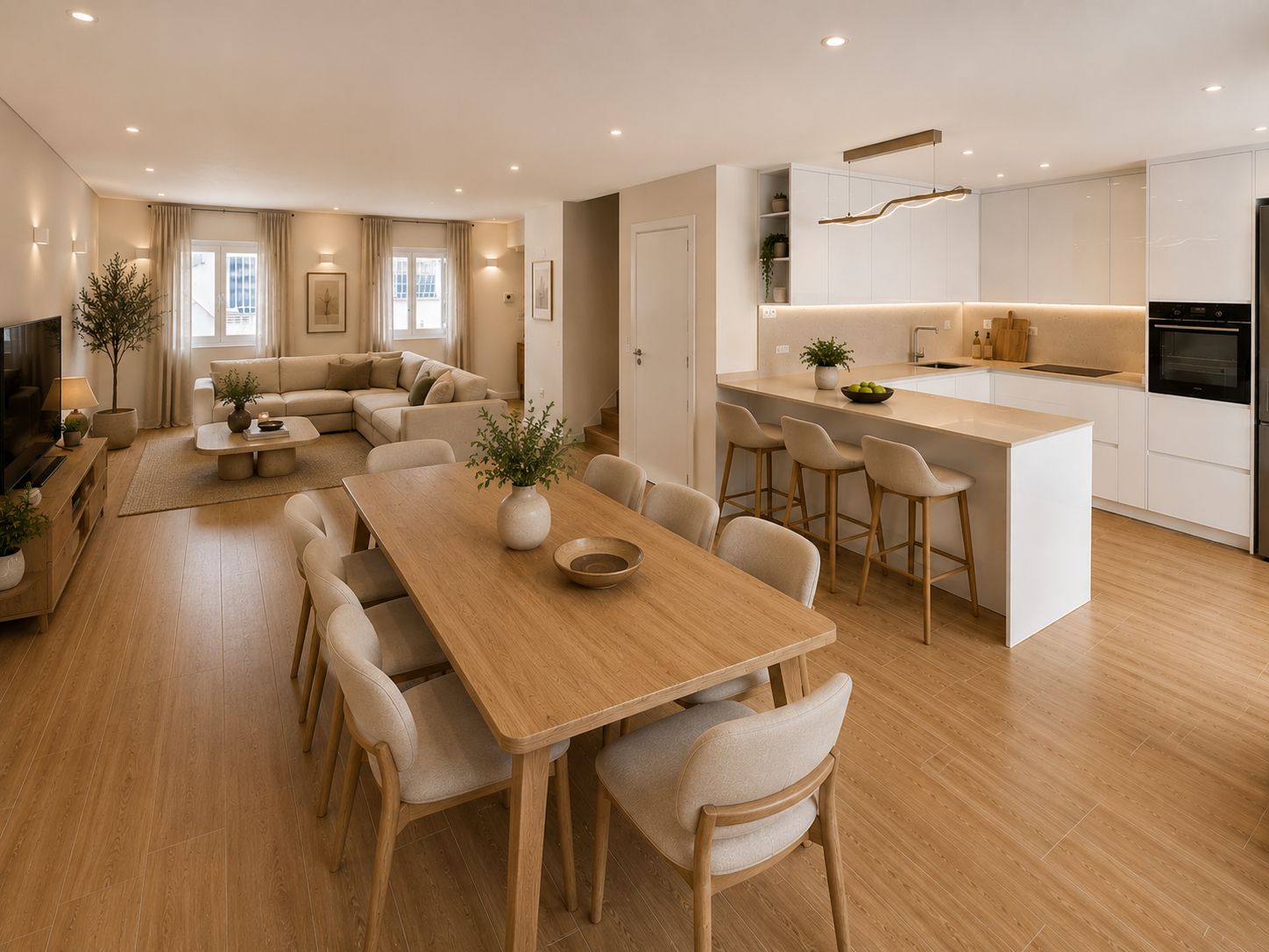 Sala, cozinha e zona de jantar em open space da moradia